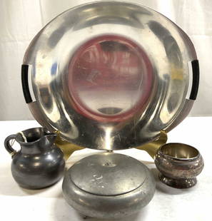 4 Metal & Crmc Tableware, Prinkash England & More: Lot includes 1 metal tray with handles, 1 ceramic creamer dish marked PRINKASH HANDMADE ENGLAND on underside (with original tag), 1 ROYAL HOLLAND PEWTER Trinket dish w Lid, & 1 silver plated footed ve