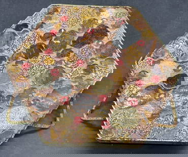 Vintage Inlaid Stone Footed Trivet: Vintage Inlaid Stone Trivet. Multicolored stones to the obverse. Metal feet to the piece. Measures approx. 1H x 7W in. Rusting, discoloration, losses, and surface wear present. home decor, home accent