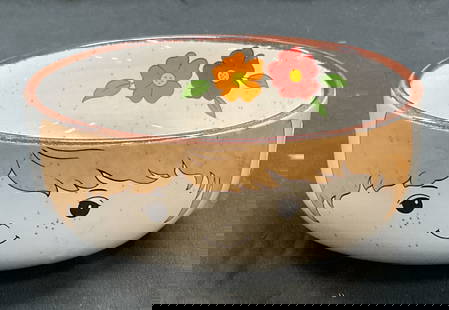 Vintage Ceramic Figural & Floral Bowl: Vintage ceramic bowl with figural and floral motifs. Measures approx 5.25 x 2 inches. Some crazing and scratching. Figural bowl, floral bowl, ceramic bowl, homewares, home decor, home accessories, tab