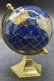 Costume Stone Globe W/ Brass Tn Metal Stand: Costume Inlaid Stone & Shell Globe With Brass Toned Metal Stand. Crafted from composite material to resemble blue stone with other stones and shells inlaid throughout. Verbiage to the sides detail nam