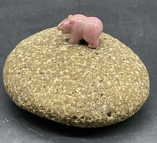 Pink Stone Bear Figural W/ Rock Base