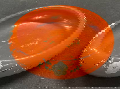 Vtg Nippon Porcelain Orange Planter Bowl, Japan: Vintage Nippon porcelain; planter bowl. Hand painted in orange with floral motif. Signed on underside. Made in Japan. Measures approx 6 x 1.75 inches. Some wear including scratching and loss to paint.
