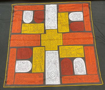 Vera Red & Orange Geometric Print Silk Scarf: Vera Silk scarf with geometric print in orange, red, and brown. Measures approx 26 x 26 inches. Some wear consistent with exposure. Scarf, silk scarf, geometric scarf, red scarf, orange scarf,