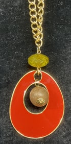 Gold Tn Enamel, Wood & Crystal Pendant Necklace