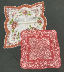 Lot 2 Vintage Red Floral Handkerchiefs