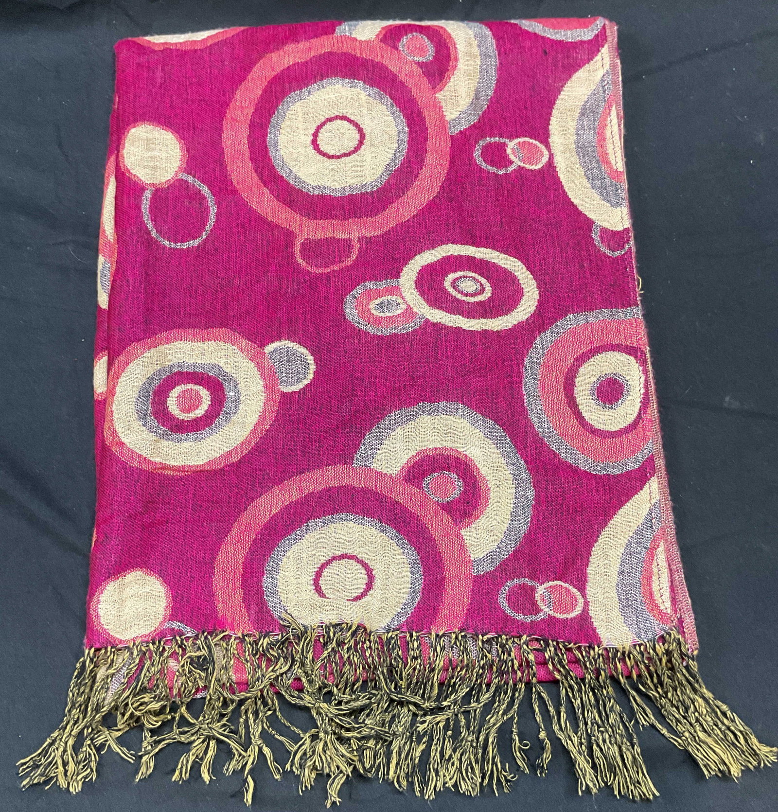 Vintage Pink Wool Geometric Pattern Scarf: Vintage pink geometric circle pattern scarf. Feels like wool. Measures approx 66 inches long. Some blemishes, pulls, and small holes. Scarf, pink scarf, circle pattern scarf, wool scarf, accessories, 