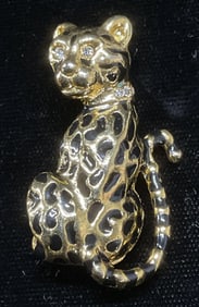Gold Tone Enamel Crystal Leopard Brooch