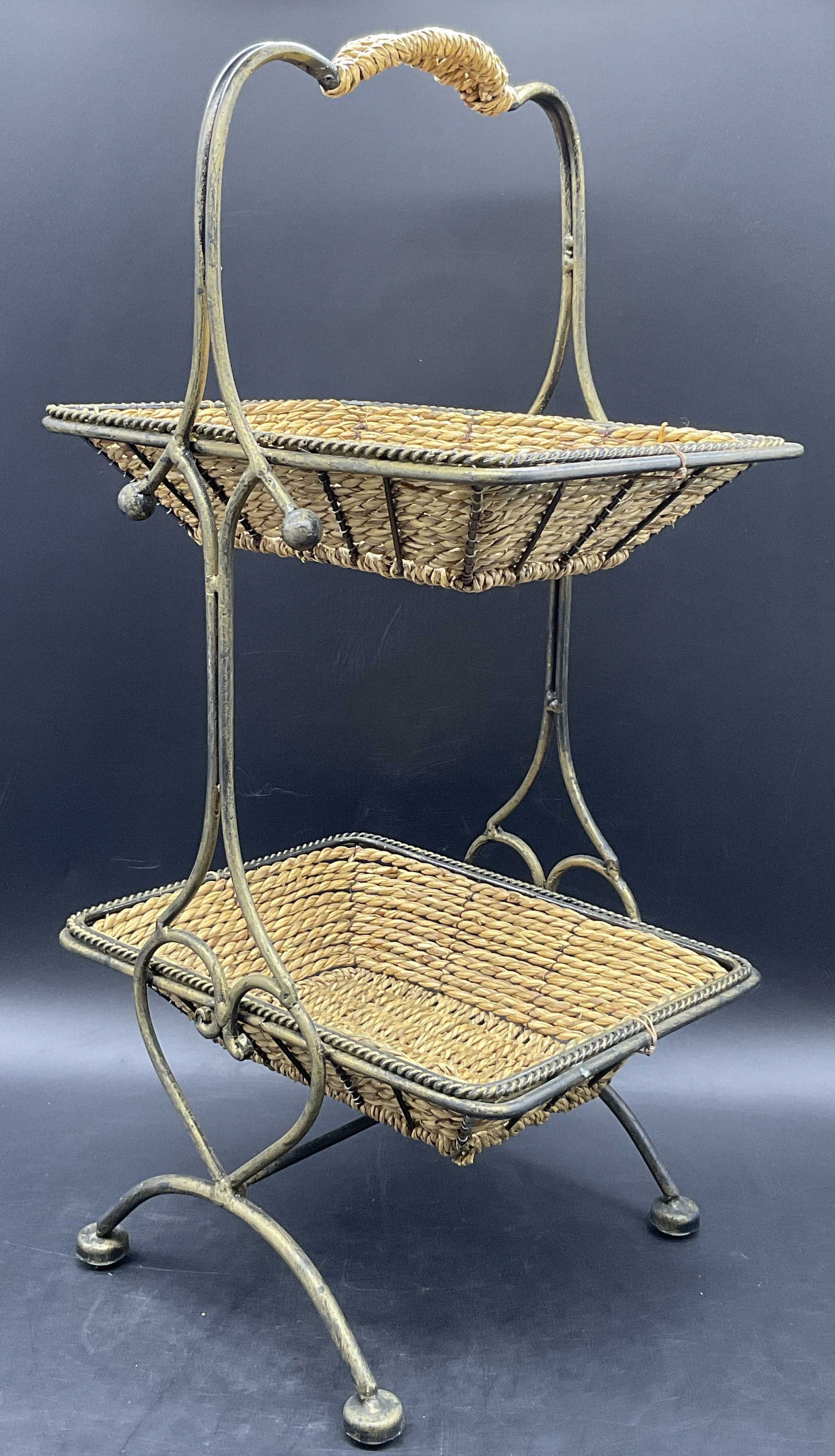 Vintage Woven Wicker & Metal Two Tiered Basket (1 of 7)