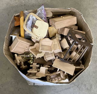 Grp Lot 30+ Vintage Dollhouse Furniture & Toys: Group Lot 30+ Vintage Dollhouse Furniture & Toys. Pieces are crafted from wood, metal, plastic, and other materials. Primarily crafted from wood. Pieces are contained in a cardboard box. Box measures