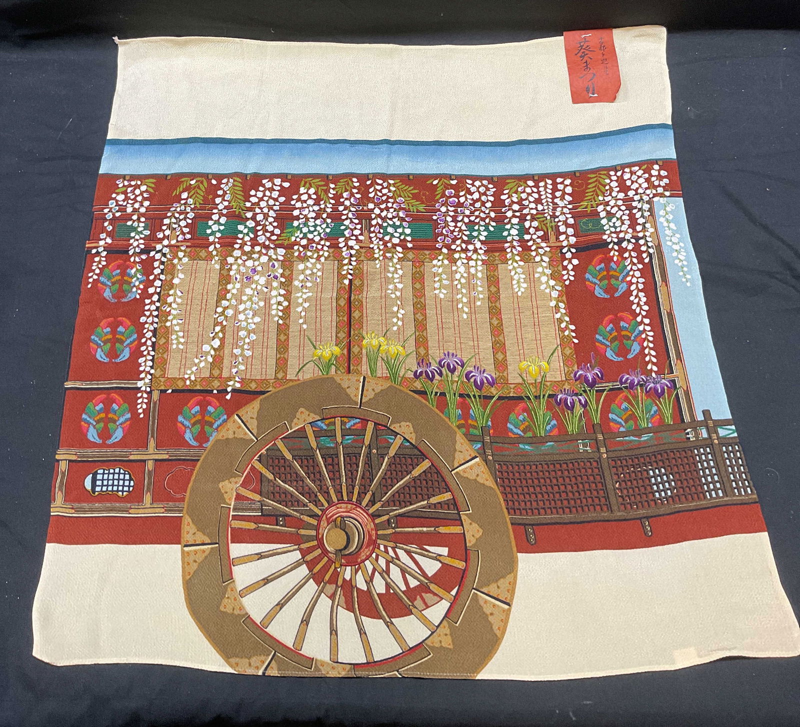 Japanese Floral Print Silk Scarf: Silk scarf with Japanese floral print. Label in Japanese affixed to fabric. Measures approx 26 x 27 inches. Some wear consistent with exposure. Scarf, silk scarf, Japanese scarf, floral scarf, accesso