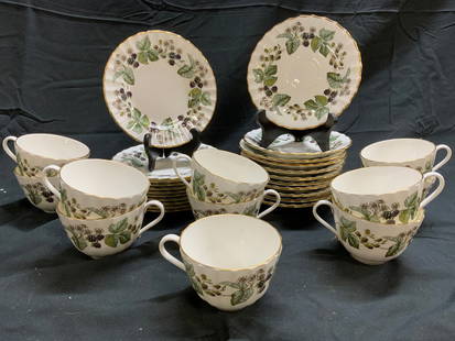 ROYAL WORCESTER Set33 Partial Porc Tea Service Eng: Undersides are marked ROYAL WORCESTER LAVINIA. Lot includes 11 teacups. 11 bread plates, & 11 saucers. Each piece is white toned and porcelain with floral, leaf & berry derail. Each piece has gilt rim
