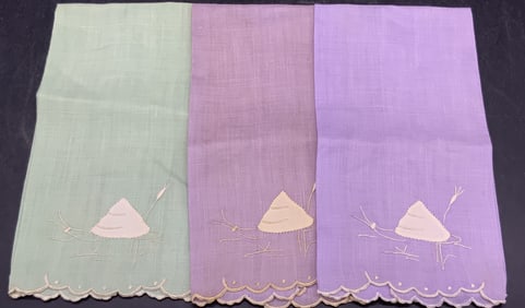 Set3 Vintage Purple & Green Embroidered Tea Towels
