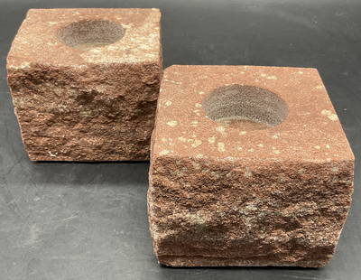 Pair WASA STEN AB Natural Stone Candle Holders: Pair WASA STEN AB Natural Stone Candle Holders. Irregular square form. Red hued stone marbled with light tones. Measures approx. 3H x 3.25W in. Underside sticker reads WASA STEN AB. Chipping and surfa