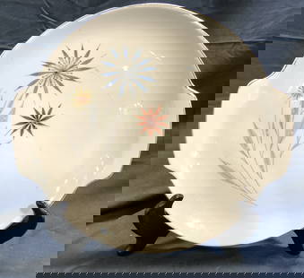FRENCH SAXON CHINA Porc Serving Dish USA: Underside is marked FRENCH SAXON CHINA USA 22KT GOLD STAR FLOWER. Serving dish is porcelain. Piece has multi toned floral and leaf detail. Sides have handle areas. Plate has gilt rim. Piece measures a