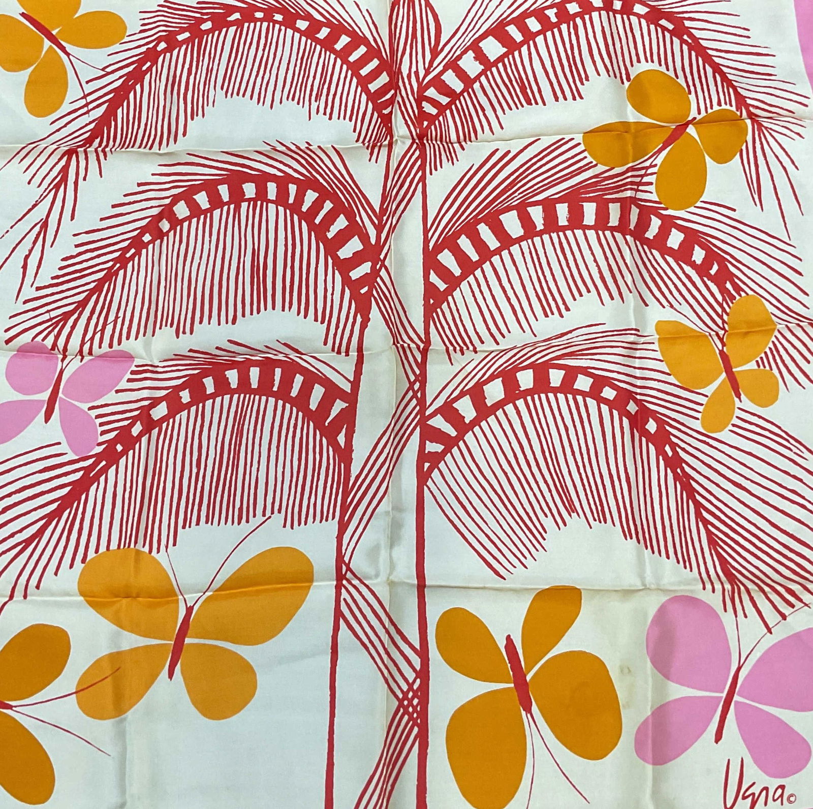 Vtg Vera Pink & Red Silk Butterfly Scarf: Vintage Vera silk scarf with butterfly print in pink, orange, red, and white. Measures approx 26 x 26 inches. Some blemishes and pulls. Vera scarf, designer scarf, silk scarf, butterfly scarf, pink sc