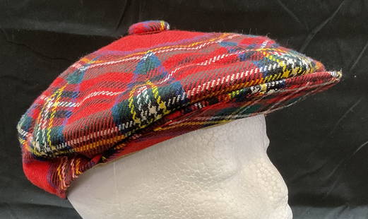 Royal Stewart Red Tartan Wool Hat, Scotland: Royal Stewart red tartan wool hat. Made in Scotland. Measures approx 7.5 inches wide. Some rubbing and discoloration. Royal Stewart hat, tartan hat, plaid hat, red hat, wool hat, accessories, fashion