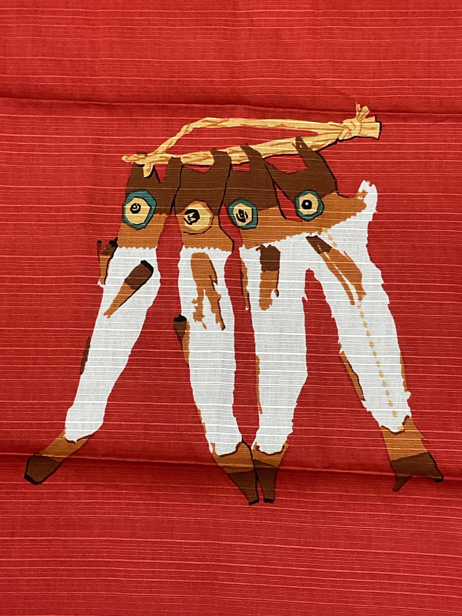 Signed Japanese Cotton Fish Print Handkerchief: Signed Japanese cotton handkerchief. Fish print in red. Signed on label. Measures approx 17.5 x 17.5 inches. Some wear consistent with exposure. Handkerchief, cotton handkerchief, fish handkerchief, r