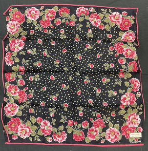 Pierre Cardin Paris Cotton Floral Handkerchief: Pierre Cardin Paris black and pink floral print cotton handkerchief. Signed on label. Like new. Measures approx 15.5 x 16.5 inches. Pierre Cardin, Pierre Cardin handkerchief, collectible