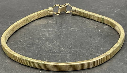 Vintage Tubogas Style Gold Tone Metal Necklace: Vintage Tubogas Style Gold Tone Metal Choker Necklace. Metal clasp closure secures the piece. Necklace length measured end to end approx. 14.75 inches. Discoloration, residue, and surface wear