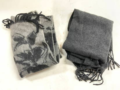 LORD & TAYLOR & J CREW Fringed Cashmere Scarves: Lot includes 2 scarves. Each are cashmere. One trademarked LORD & TAYLOR, the other trademarked J CREW. One solid dark slate, the other slate with black toned floral and leaf detail. Scarves each