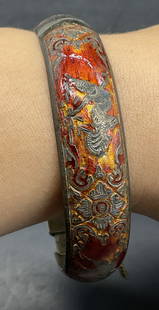 SIAM STERLING Vintage Guilloche Enamel Bracelet: SIAM STERLING Vintage Guilloche Enamel Figural Motif Bracelet. Secures with clasp closure. Safety chain to the piece. Interior marked SIAM STERLING. Diameter measures approx. 2.75 in.