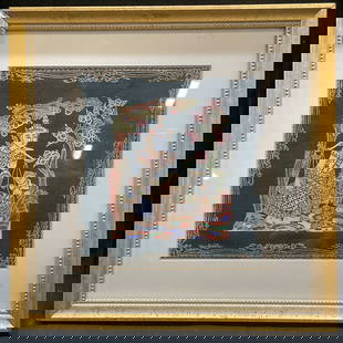 Framed Thai Silk Buddhist Scene Painting: Framed and matted Thai silk painting. Traditional Buddhist scene with figures in costume with headdresses. Gilt wood frame. Frame measures approx 9.25 x 9.5 inches. Some wear consistent with