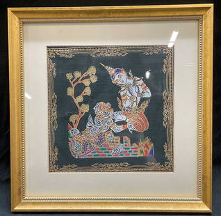 Framed Thai Silk Buddhist Painting: Framed and matted Thai silk painting. Traditional Buddhist scene with figure in costume and headdress. Gilt wood frame. Frame measures approx 9.25 x 9.5 inches. Some wear consistent with