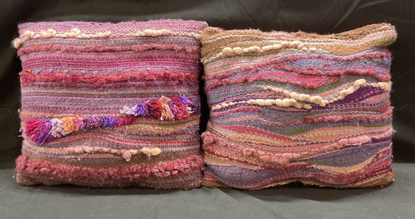 Near Pair Purple Wool & Velvet Pillows: Near pair of purple woven wool and velvet panel pillows. Measure approx 13 x 14.5 inches each. Some wear to each including pulls and pilling. Pillows, throw pillows, decorative pillows, accent pillows