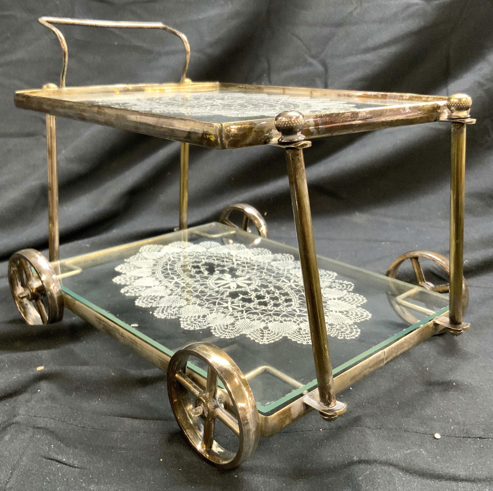 Silver Plate Mini 2 Tier Bar Cart W Doily Detail (1 of 8)