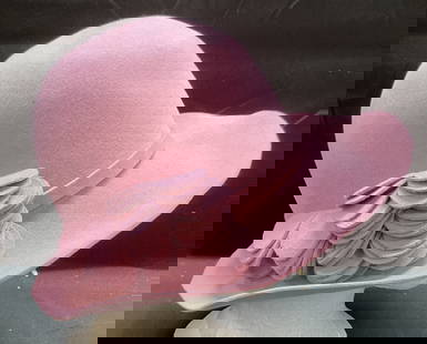 Helen Kaminski Australia Pink Rabbit Fur Hat: Helen Kosinski Australia pink rabbit fur felt hat with decorative trim. Measures approx 6 inches wide. Includes Saks Fifth Avenue hat box. Some blemishes and discoloration. Helen Kosinski hat, designe