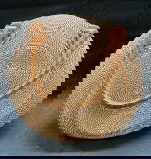 Eric Javits Tan Woven Straw Handbag: Eric Javits tan woven straw round handbag. Signed on interior. Measures approx 9 x 9 x 5 inches. Some blemishes to interior. Eric Javits, Eric Javits handbag, designer handbag. Straw handbag, woven st