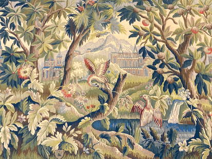 LOUVIERES Vtg Needlepoint Landscape Tapestry ITALY: Underside reads LOUVIERES MADE IN ITALY. Tapestry is vintage. Piece has depiction of landscape with birds. Needlepoint tapestry with Mauve toned backside. Tapestry measures approximately 72 inches wid