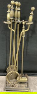5 ADAMS CO Vintage Brass Fireplace Stand W/ Tools: Set of 5 THE ADAMS CO. Vintage Brass Fireplace Stand With Tools. Includes a poker, tongs, a brush, and a shovel. The stand measures approx. 29H x 9W x 7D in. Underside signed THE ADAMS CO. IOWA. Weigh