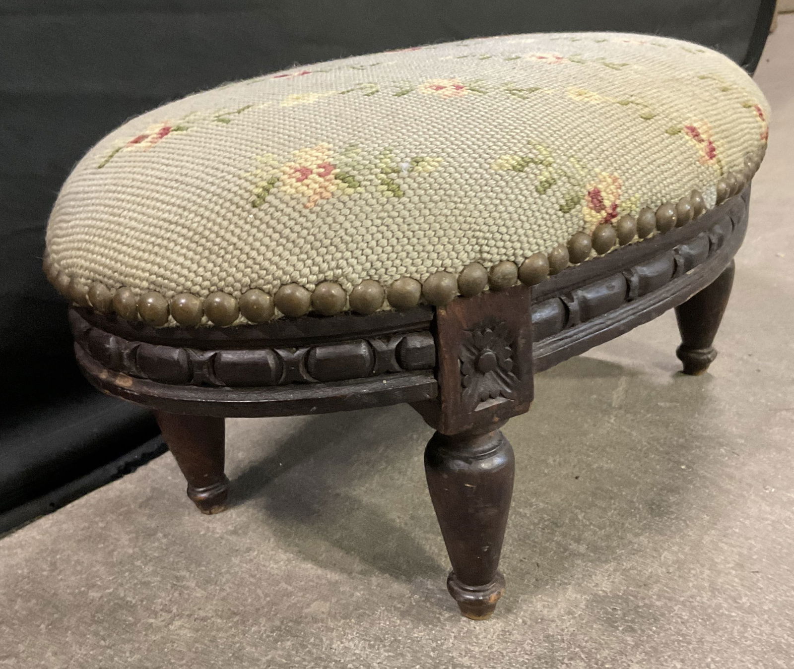 Vintage Oval Form Floral Needlepoint Footrest (1 of 8)