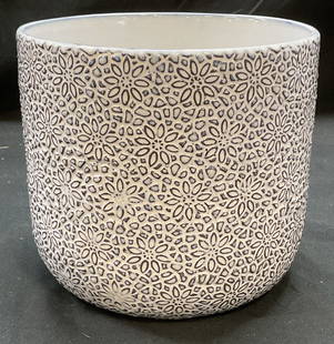 White Ceramic Floral Planter: White ceramic floral motif planter. Stamped design. Hand painted. Measure approx 6.5 x 6 inches. Some wear including scratching. Planter, white planter, ceramic planter, floral planter, homewares, hom
