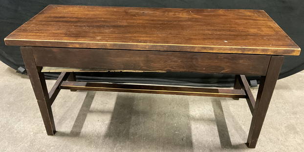 Vintage Wooden Hinged Top Side Table / Bench: Vintage Hinged Top Side Table / Bench. Crafted from wood. Rectangular form. Stretcher to the legs. Hinged top can be lifted to reveal storage. Measures approx. 18H x 14D x 36W in. Losses, separation,