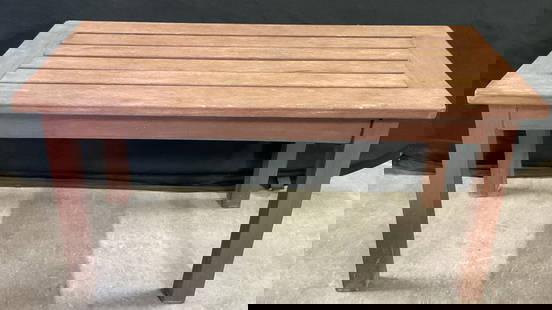 Vintage Slat Top Coffee Table / Bench: Vintage Slat Top Coffee Table / Bench. Straight rectangular legs to the piece. Brown hued finish to the wood. Possibly teak wood. Measures approx. 35.5W x 18H x 18D in. Discoloration and surface wear