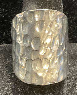 Signed Sterling Silver Hammered Band Ring: Signed Sterling silver wide band ring with hammered design. Signed illegibly. Marked sterling. Ring size 9.5. Total weight .58 ozt. Some wear including scratching. Jewelry, estate jewelry, fine jewelr