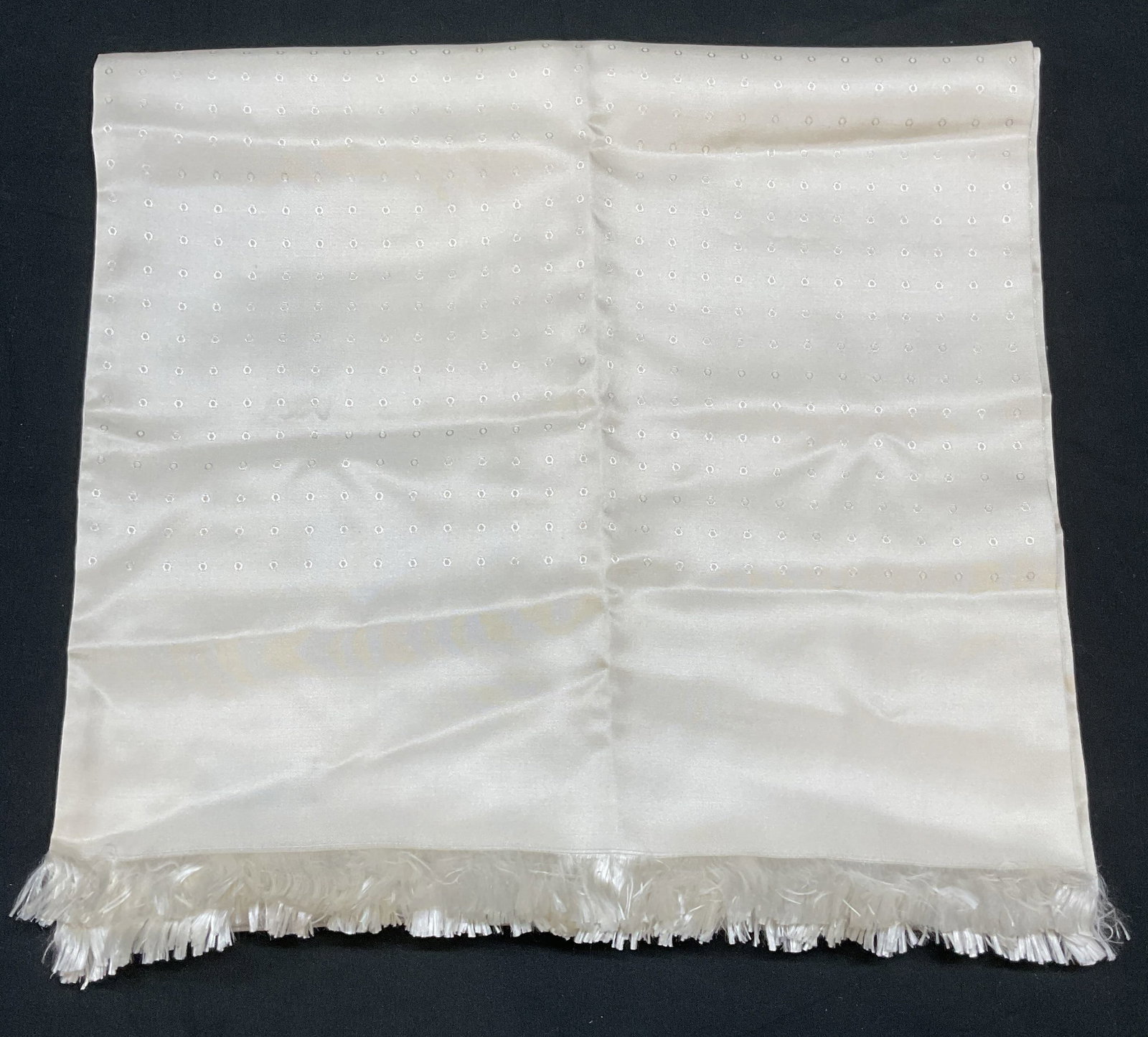 Saks Fifth Avenue White Dot Silk Scarf, Italy: Saks Fifth Avenue white silk scarf with dot pattern and fringe trim. Made in Italy. Measures approx 50 inches long. Some wear to material consistent with exposure. Scarf, vintage scarf, accessories, f