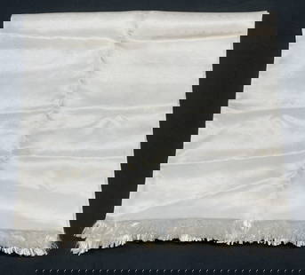 Saks Fifth Avenue White Dot Silk Scarf, Italy: Saks Fifth Avenue white silk scarf with dot pattern and fringe trim. Made in Italy. Measures approx 50 inches long. Some wear to material consistent with exposure. Scarf, vintage scarf, accessories, f