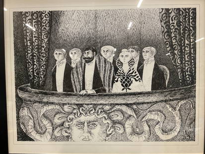 1979 Edward Gorey The Blue Aspic Litho: Framed lithograph poster. Edward Gorey, artwork from The Blue Aspic. Published by Harvey Hutter, 1979. Black wood frame. Not examined out of frame. Frame measures approx 26.5 x 32.5 inches, window app