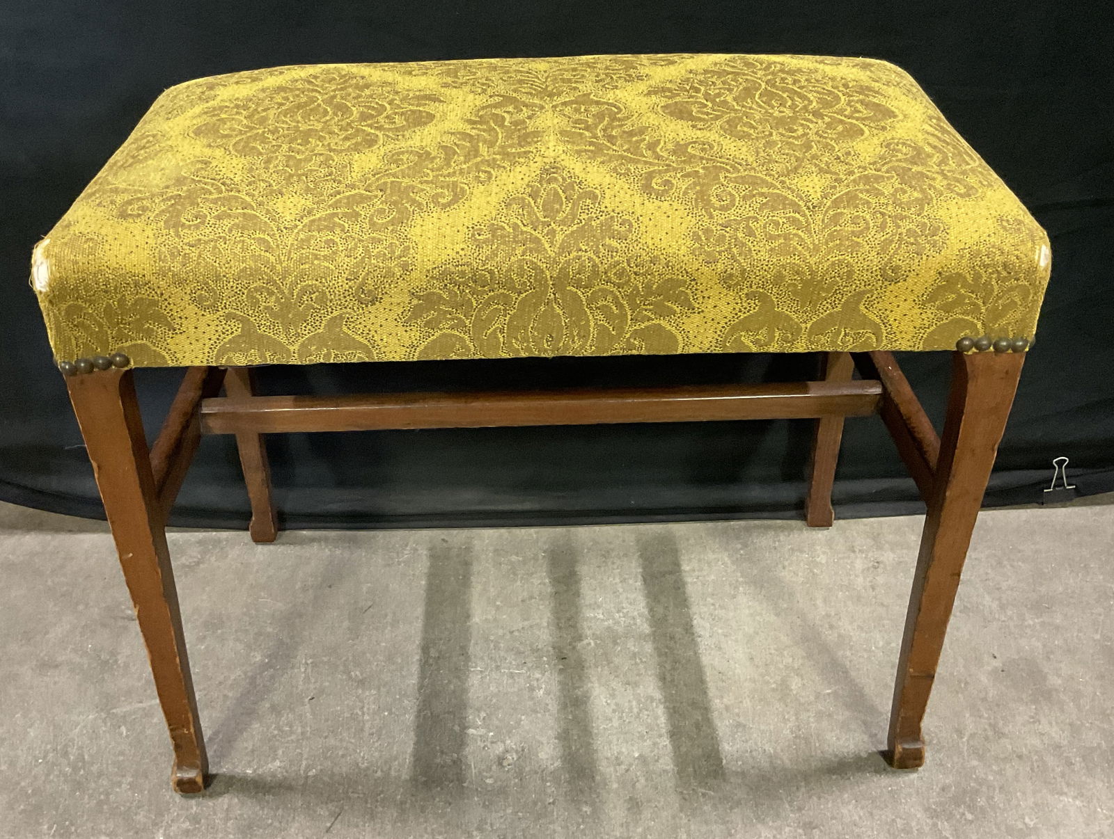 Vintage Yellow Damask Upholstery Nailhead Ottoman (1 of 9)