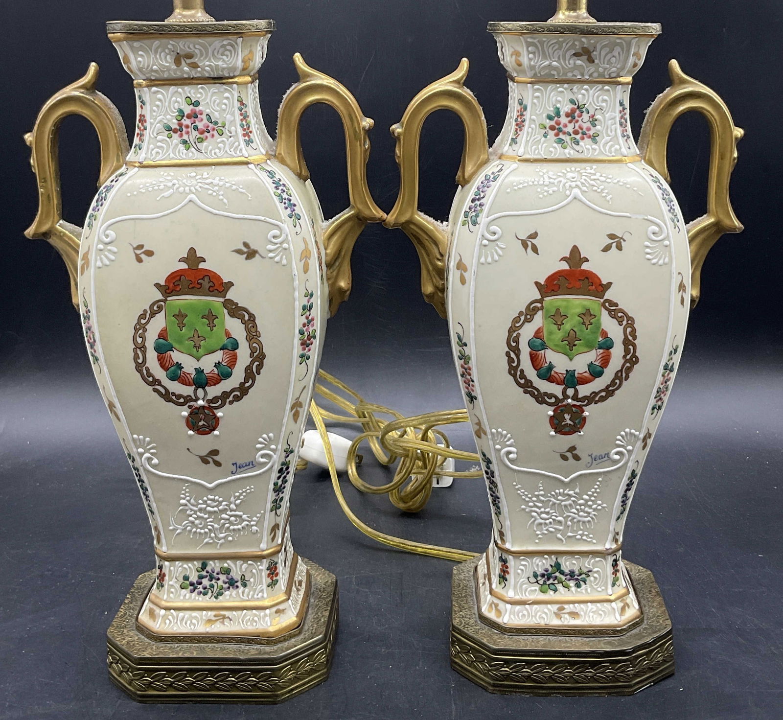 Pair JEAN Signed Hand Painted Crest Motif Lamps (1 of 10)