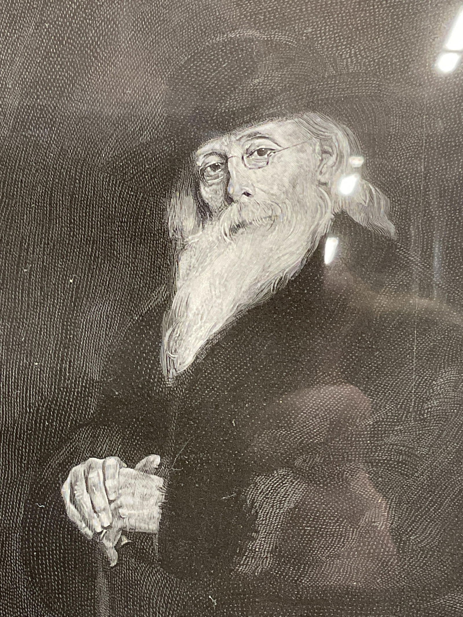 Antq Henry Wolf Portrait of a Man Engraving 1894: Antique framed and matted wood engraving. Signed on the plate, Henry Wolf, dated 1894. Portrait of an elderly man with beard and cane. Gilt wood frame, not examined out of frame. Frame measures approx