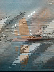 Hiroshi Yoshida Sailing Boats Lithograph: Framed lithograph. Hiroshi Yoshida, Sailing Boats - Afternoon. Signed in print. Reproduction print. Wood frame, not examined out of frame. Frame measures approx 22 x 16.5 inches. Some wear consistent