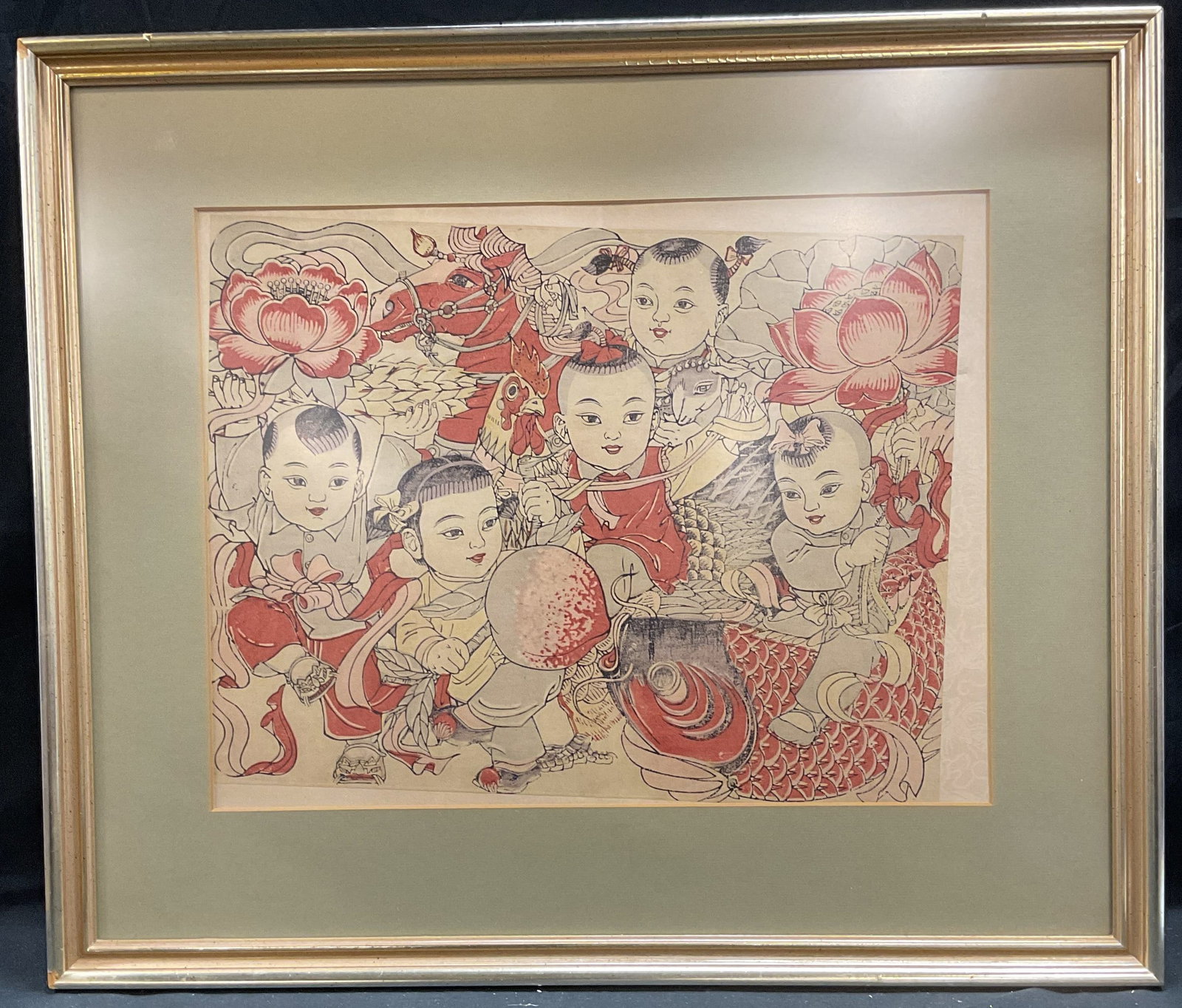 Framed Chinese Wood Block Print, Children (1 of 6)