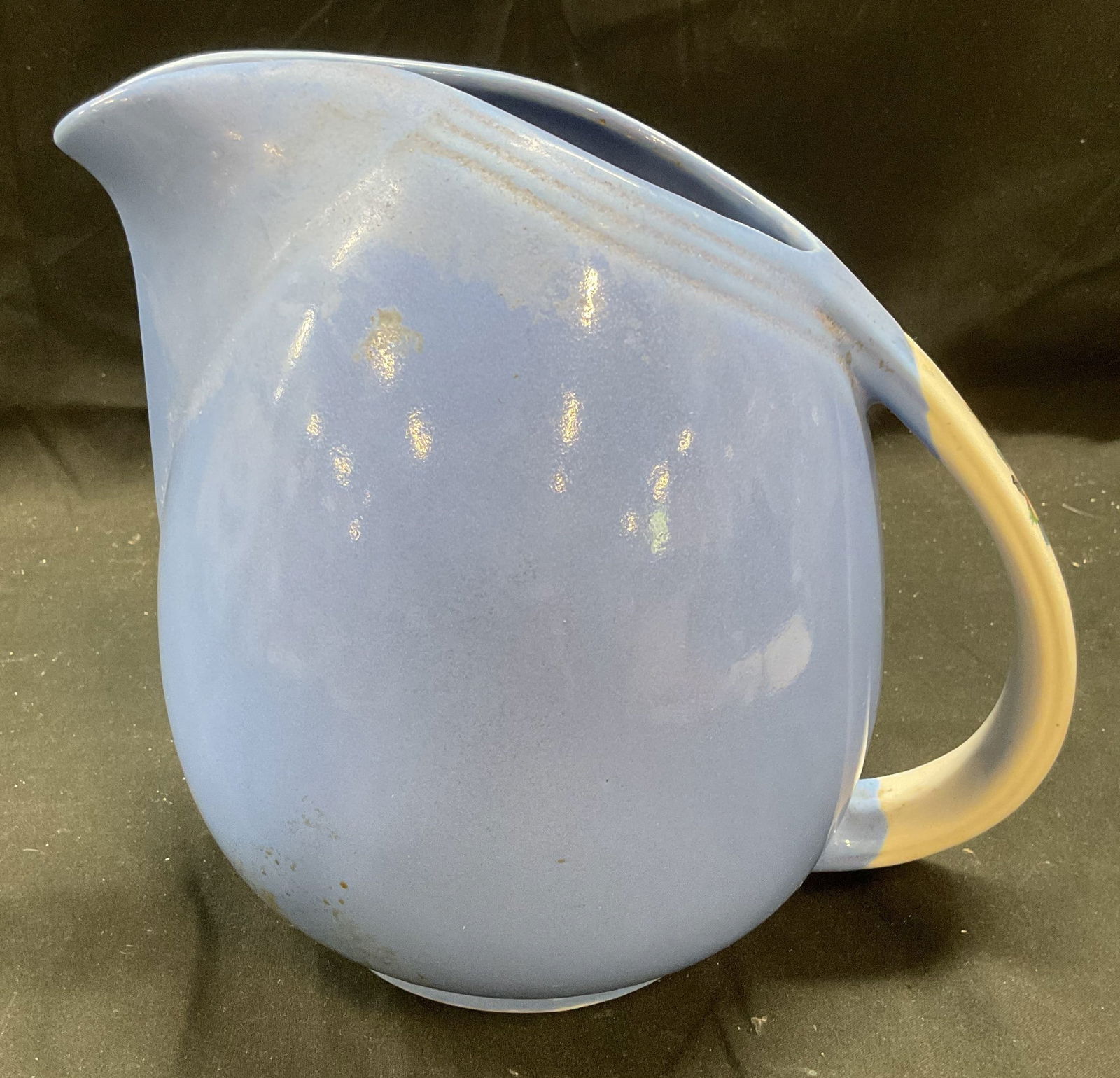 Vtg Halls Rose Parade Blue Ceramic Pitcher USA: Vintage Halls Kitchenware ceramic pitcher in blue. Rose Parade pattern. Signed on underside. Made in USA. Measures approx 9 x 6 x 8 inches. Some scratching observed. Halls kitchenware, halls pitcher,