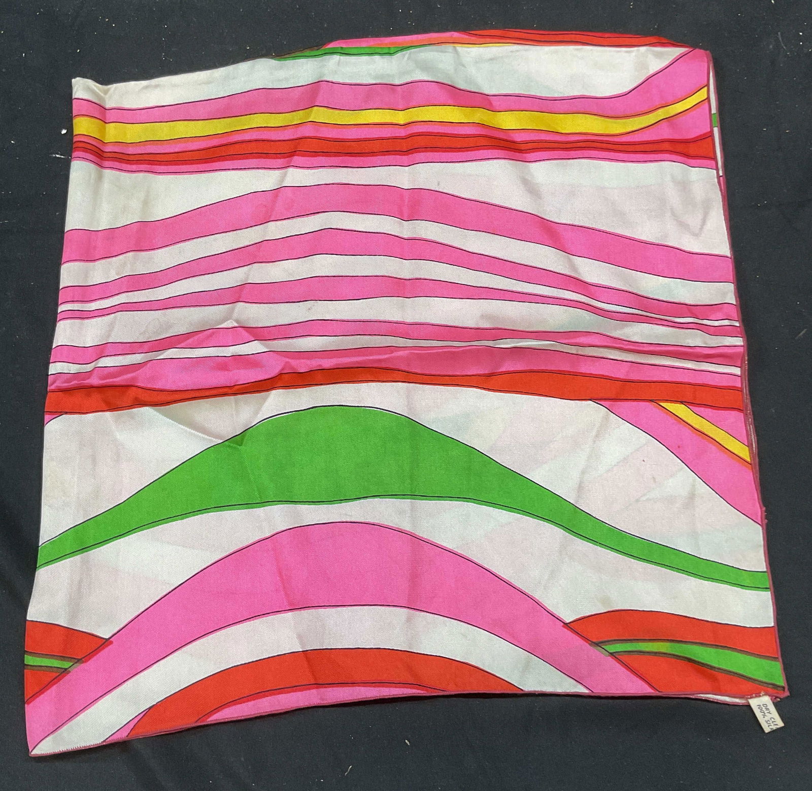 Vintage Multicolor Abstract Stripe Silk Scarf: Vintage multicolor abstract striped print silk scarf. Measures approx 31 x 31 inches. Some blemishes observed. Scarf, vintage scarf, silk scarf, striped scarf, accessories, fashion accessories, wearab