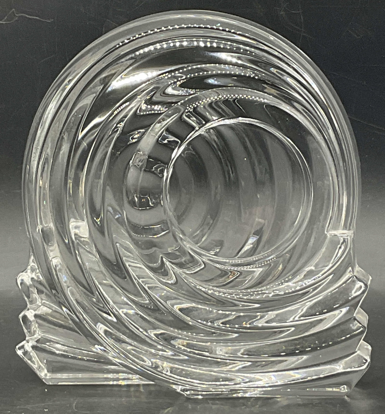 Crystal Spiral Swirl Figural Paperweight: Crystal Spiral Swirl Figural Paperweight. Thick walled and weighty. Measures approx. 6.5H x 6W in. Chipping and surface wear present. home decor, home accents, homewares, housewares, home accessories,