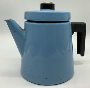Vntg Wartsila Finel Blue Enamel Coffee Pot FINLAND: Vntg Wartsila Finel Blue Enamel Coffee Pot FINLAND Vintage blue enamel coffee pot, has a black handle & an angled spout. Coffee pot has lid. Signed & marked. Surface wear consistent to age, use & expo